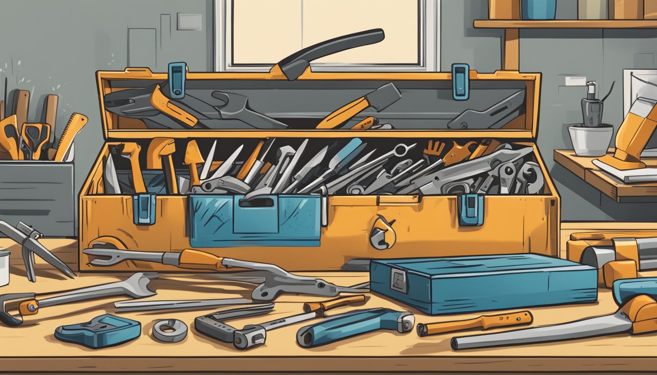 A hand reaching for a toolbox labeled "7744 7744" with various tools scattered around a workshop