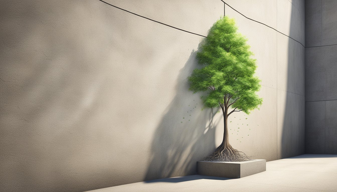 A tree growing from a small crack in a concrete wall, reaching towards the sunlight, symbolizing personal growth and intuition