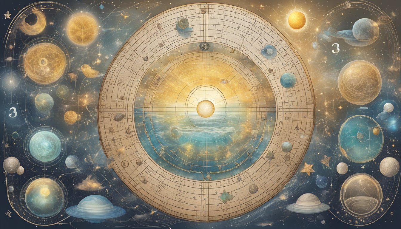 A mystical and scientific scene of the number 82, with symbols, equations, and a sense of wonder