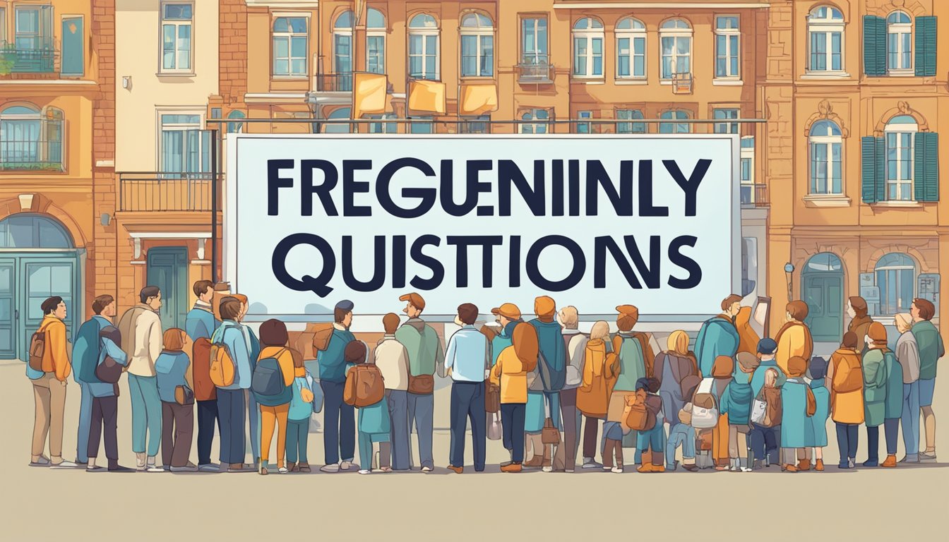 A large sign reading "Frequently Asked Questions 853 Bedeutung" stands against a bright backdrop, surrounded by curious onlookers