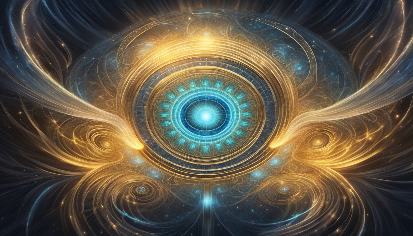 A glowing, intricate symbol hovers above a swirling vortex, radiating energy and mystery
