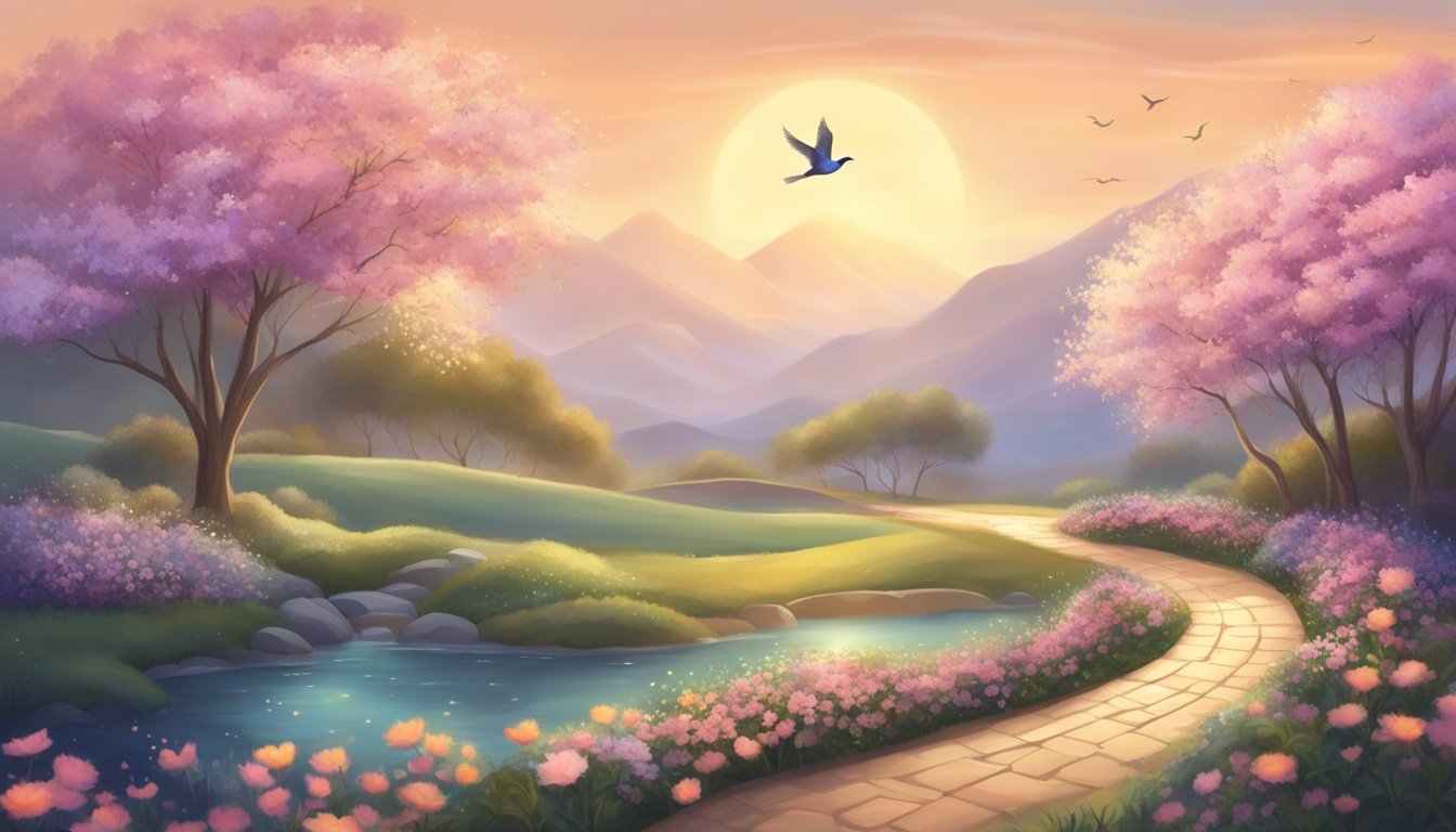 A serene landscape with a winding path leading to a glowing, ethereal light surrounded by blooming flowers and soaring birds