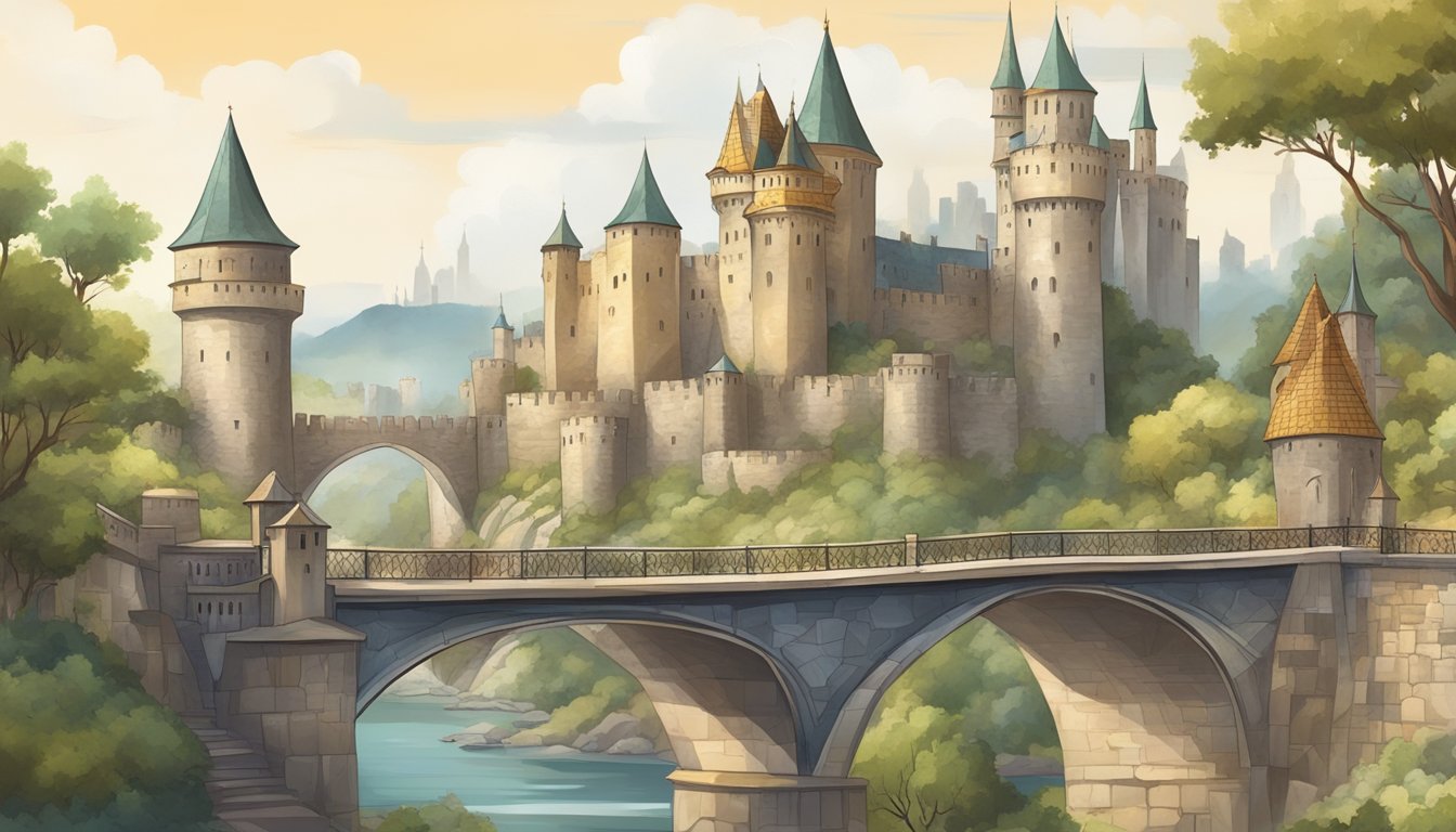 A medieval castle overlooks a modern city, connected by a bridge.</p><p>Symbolic artifacts from different eras decorate the scene