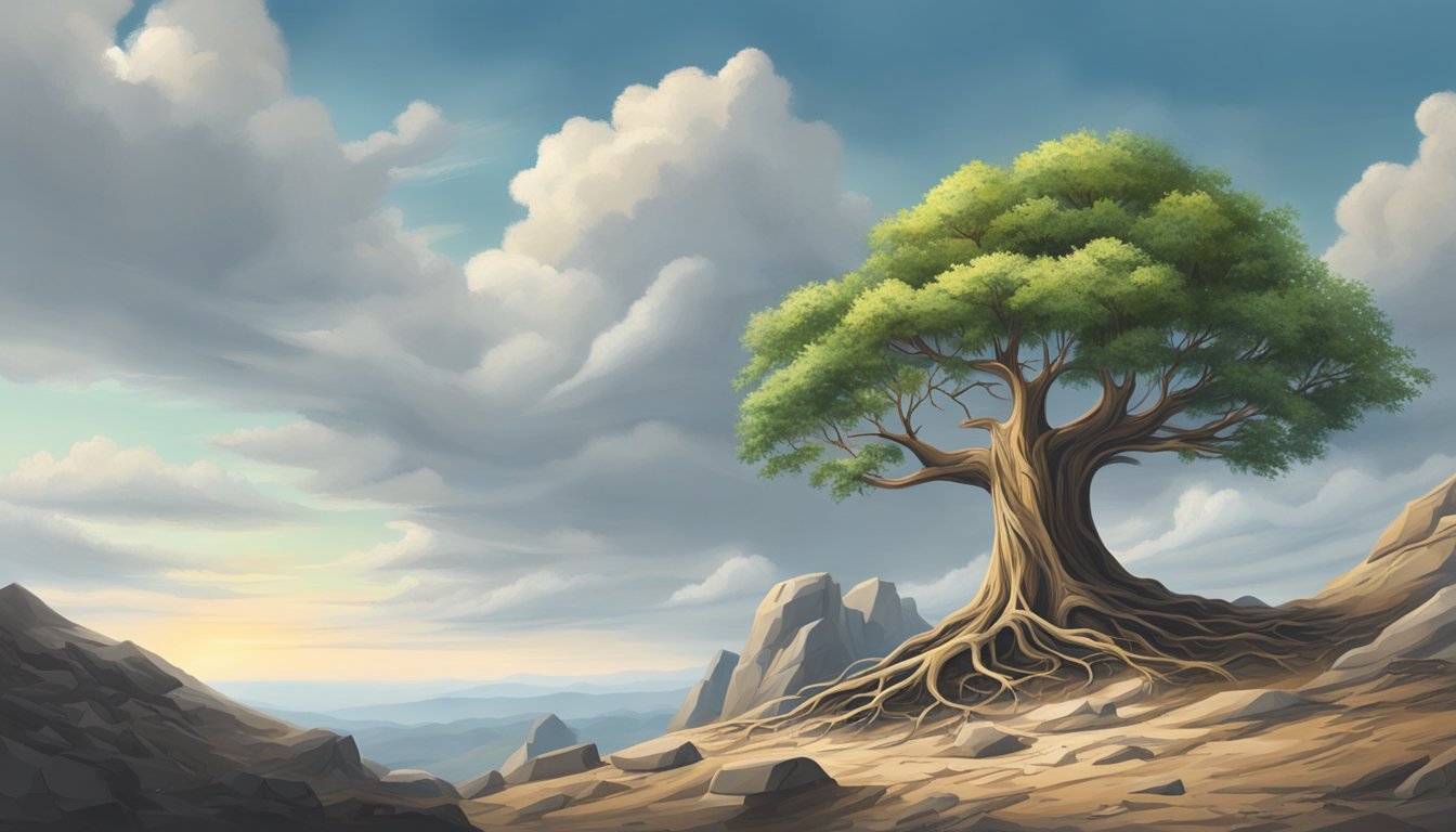 Adapting to change and challenges, symbolized by a tree growing amidst rocky terrain, with roots spreading and branches reaching towards the sky