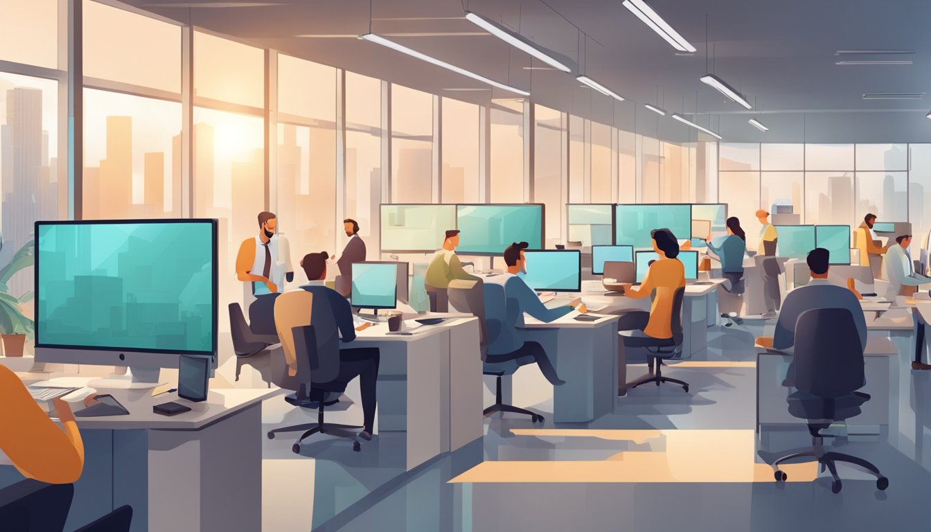 A bustling office setting with people working at their desks, while others go about their daily tasks.</p><p>The atmosphere is busy and productive, with a sense of purpose and importance