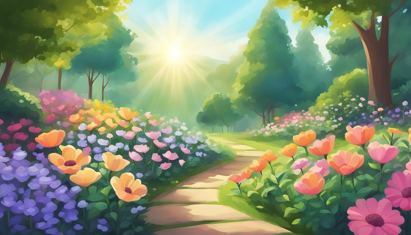 A vibrant garden with blooming flowers and lush greenery, surrounded by rays of sunlight and a gentle breeze