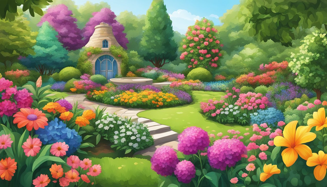 A vibrant garden bursting with colorful flowers and lush greenery, symbolizing growth and abundance