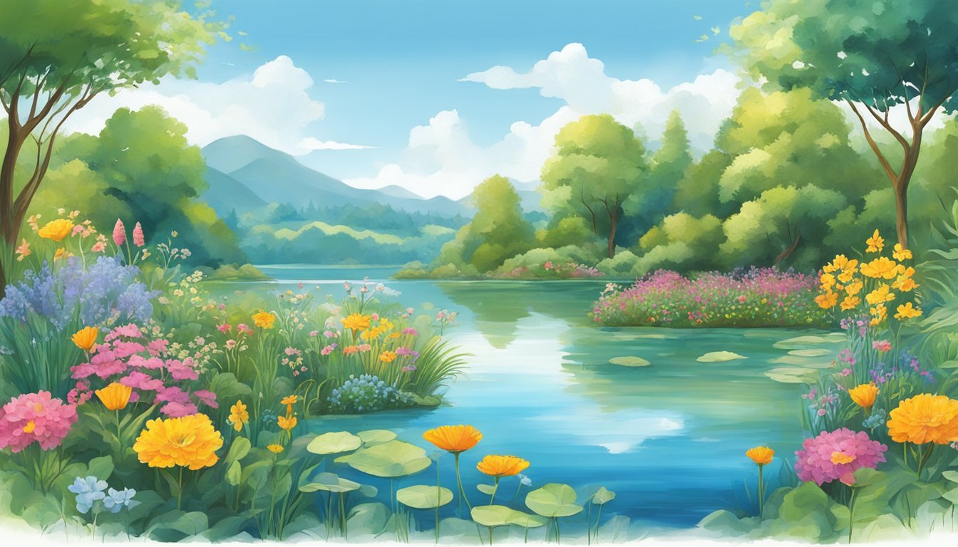 A vibrant garden with diverse flora and fauna, surrounded by a tranquil lake reflecting the clear blue sky.</p><p>A sense of harmony and interconnectedness is palpable in the air