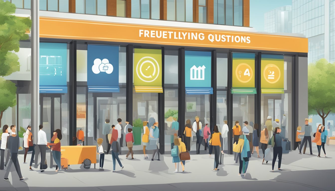 A large sign with "Frequently Asked Questions 1204 Bedeutung" displayed prominently in a busy public area