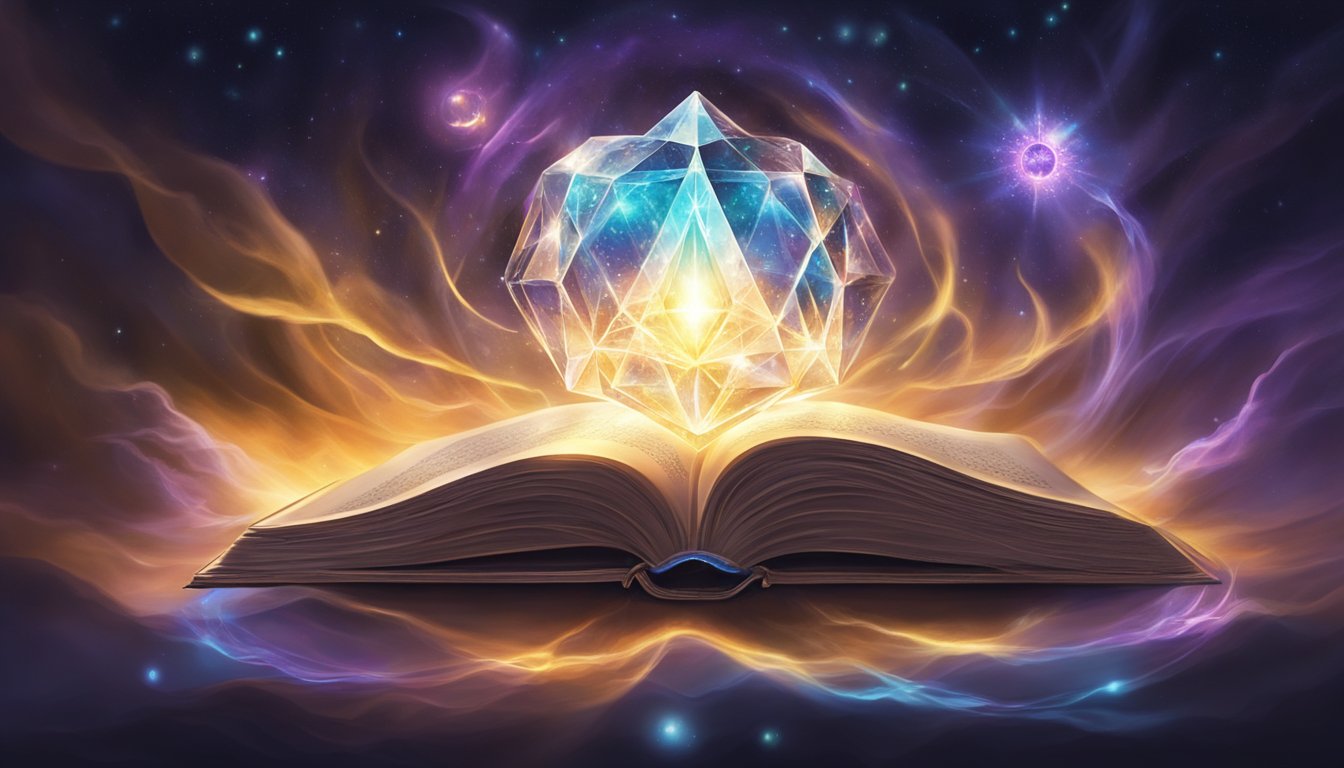 A glowing crystal hovers above a mystical book, surrounded by swirling energy and symbols, evoking a sense of spiritual and esoteric significance in the year 1999