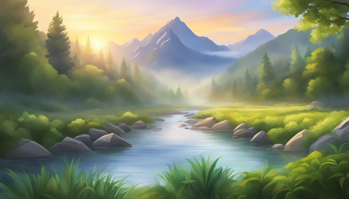 A serene landscape with a glowing sunrise over a misty mountain range, surrounded by lush greenery and a tranquil river