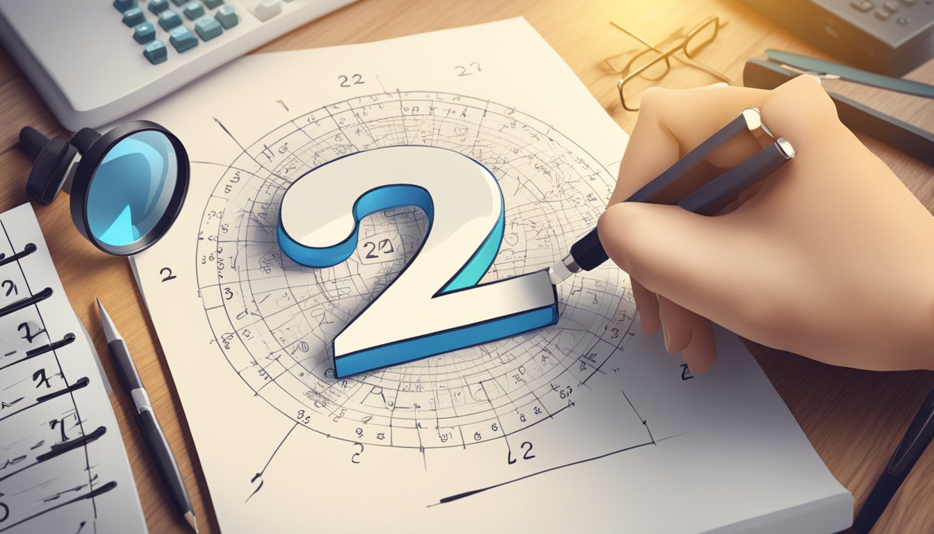 A hand writing the number "2221" on a piece of paper, with a magnifying glass focusing on the numbers, surrounded by mathematical symbols and equations