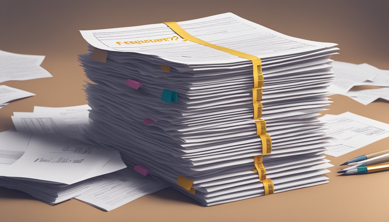A stack of papers with "Frequently Asked Questions 2992 Bedeutung" printed on top, surrounded by question marks and a puzzled expression