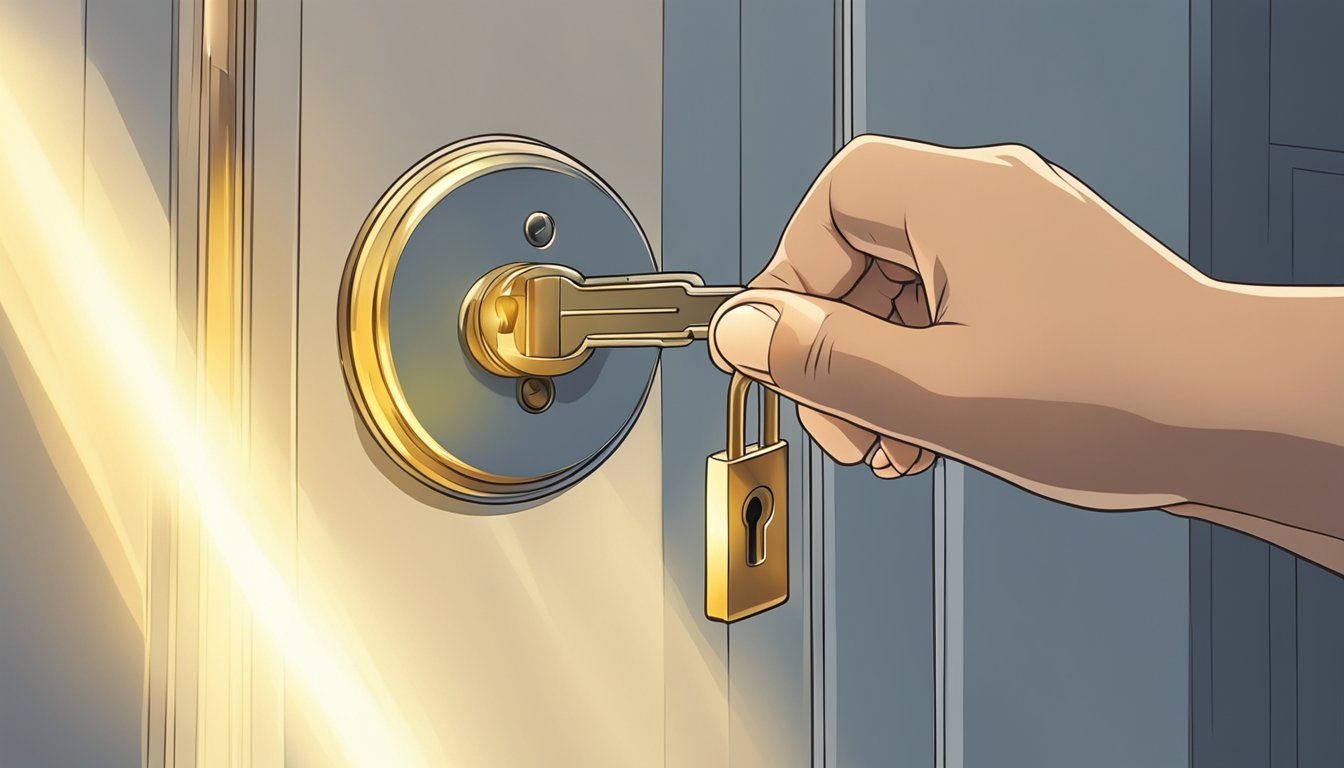 A hand turning a key in a lock, with a beam of light shining through the open door, symbolizing practical applications and significance