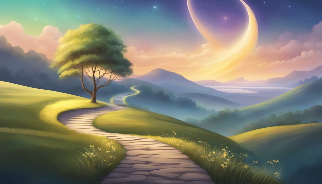 A serene landscape with a winding path leading to a glowing, ethereal symbol representing spiritual significance