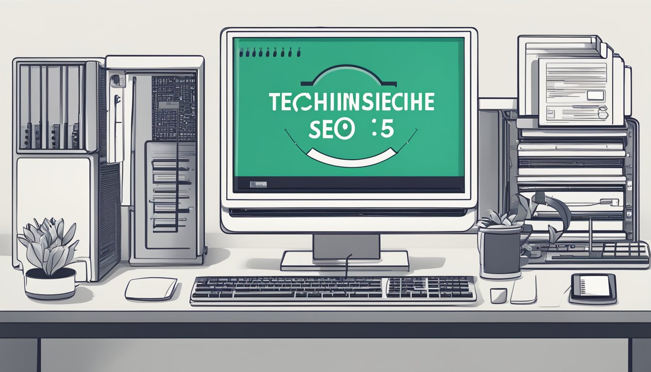 A computer displaying "Technische SEO und 501 Fehler 501 Bedeutung" with error symbols
