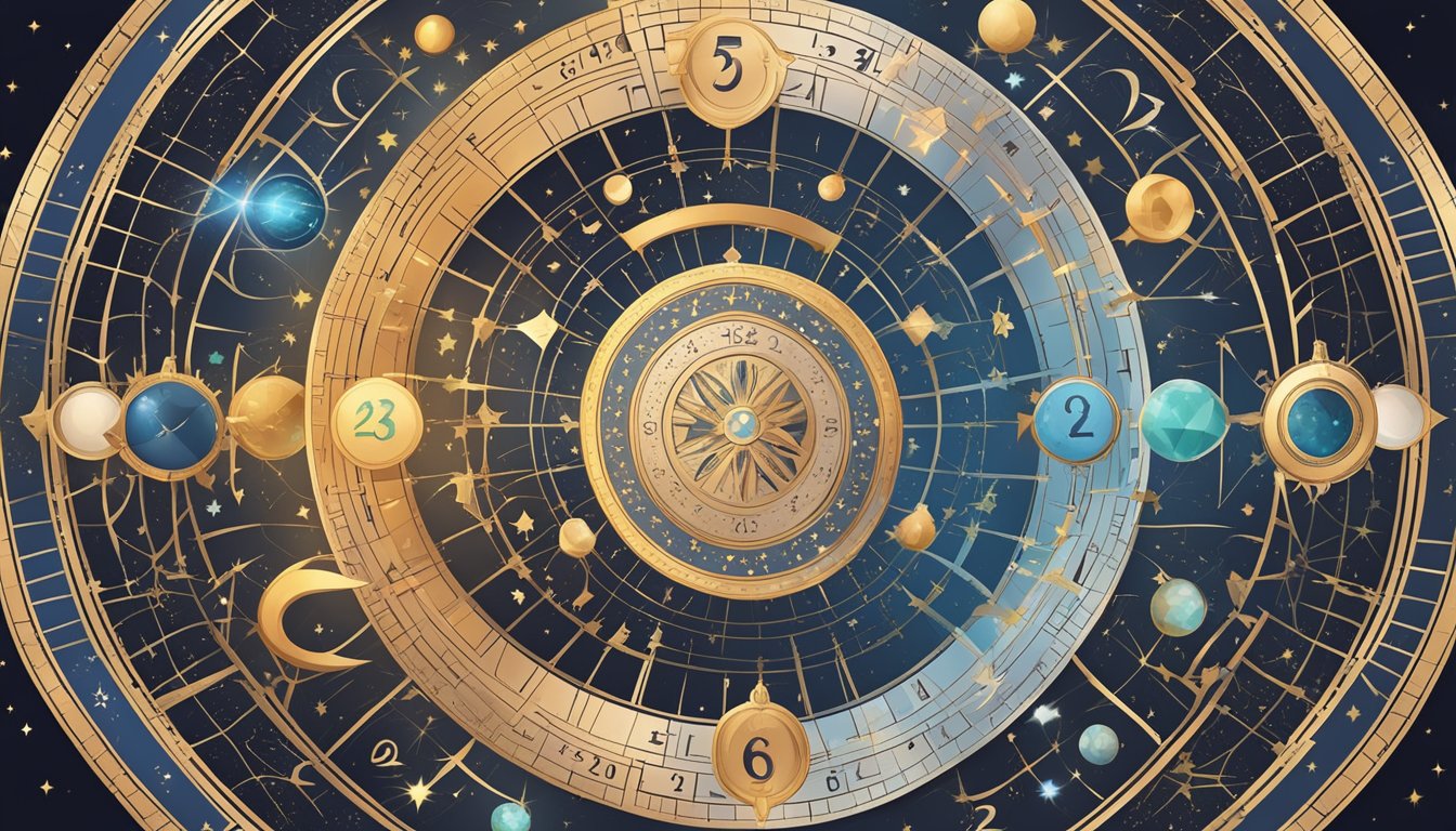 Numerological symbols and numbers arranged in a circular pattern, surrounded by celestial elements and geometric shapes