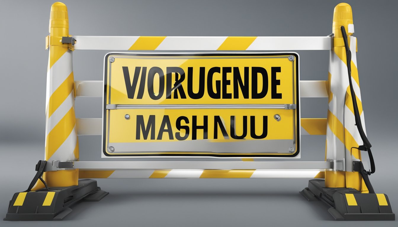 A caution sign with "Vorbeugende Maßnahmen 503 Bedeutung" in bold letters, surrounded by safety equipment and a barrier