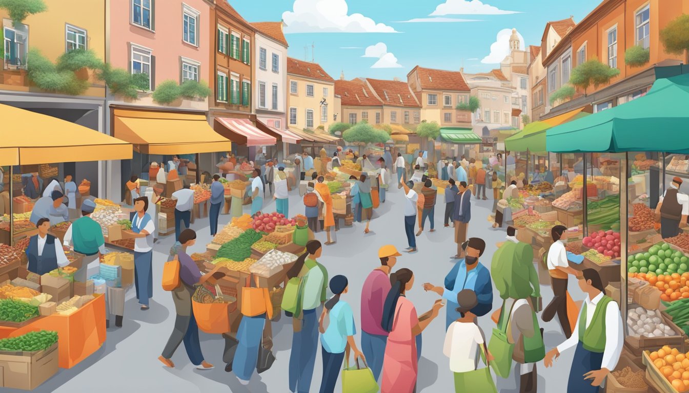 A bustling marketplace with various goods being exchanged and purchased, symbolizing commerce and ownership