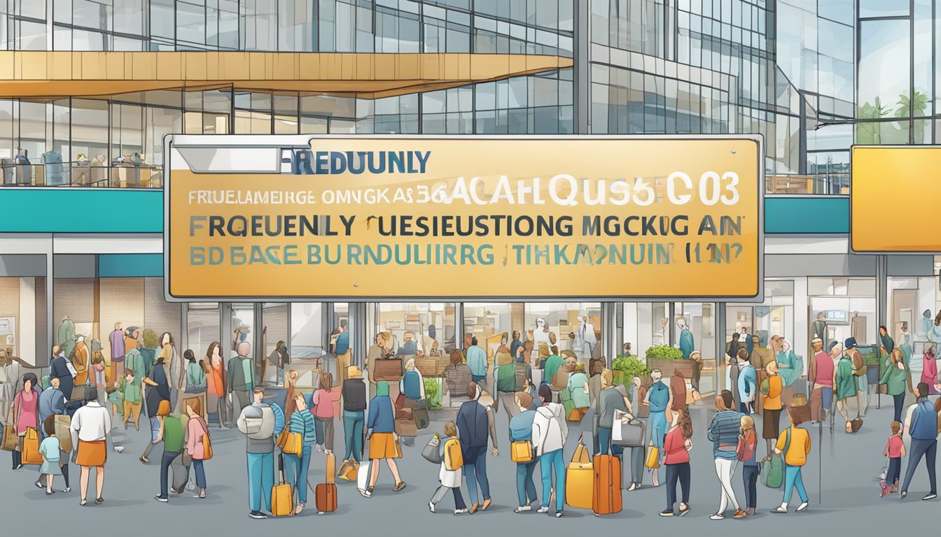 A large sign with "Frequently Asked Questions 603 Bedeutung" displayed prominently in a busy public area