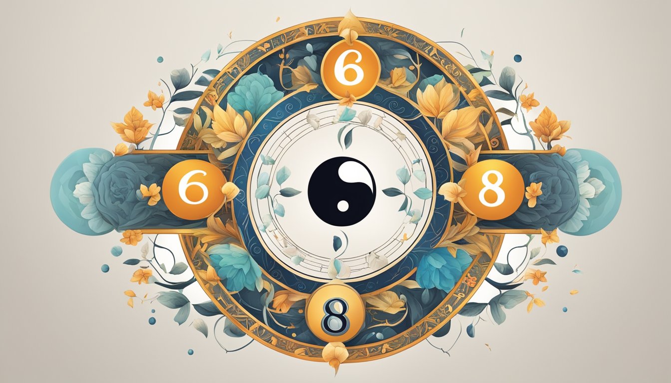 The number 68 is surrounded by symbols of balance and harmony, with elements of yin and yang intertwined