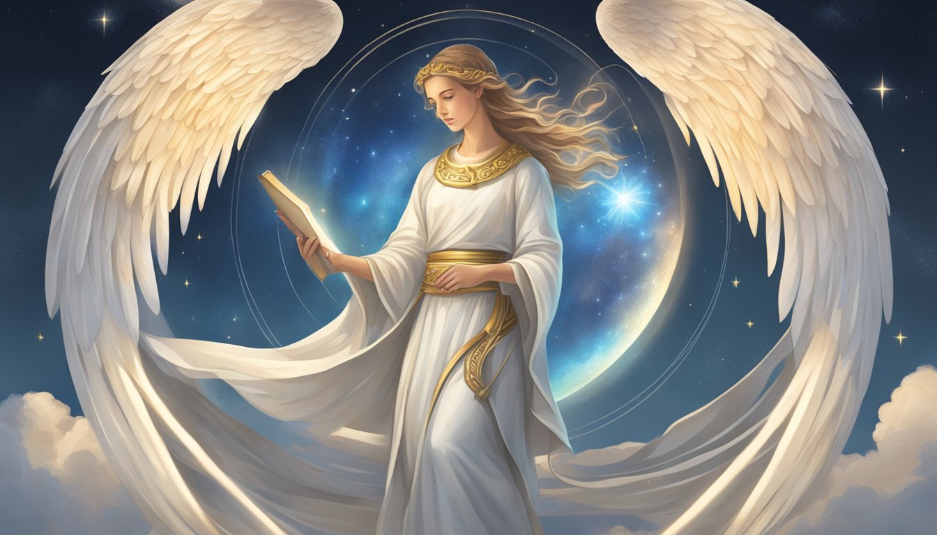A serene angelic figure surrounded by celestial light, holding a scroll with the number 729 prominently displayed