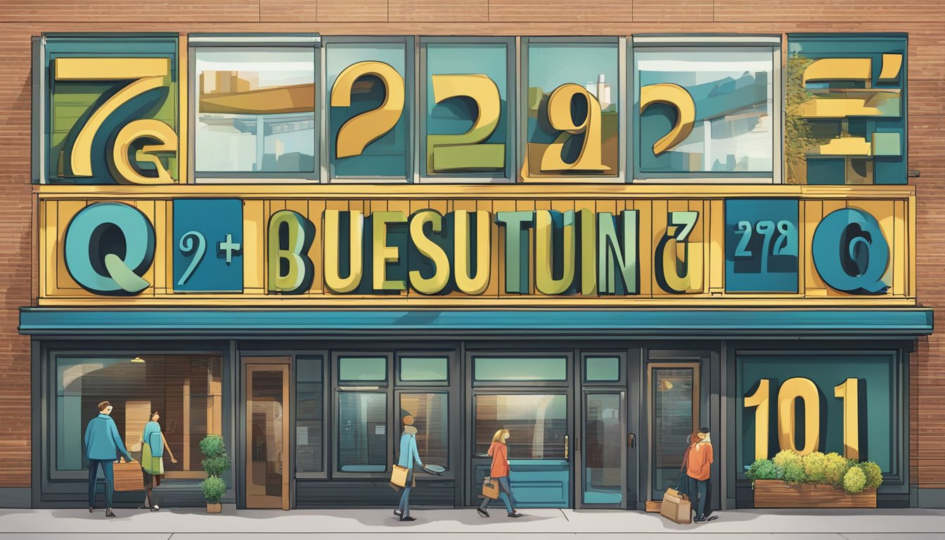 A large sign with "Frequently Asked Questions 729 Bedeutung" displayed prominently in bold lettering