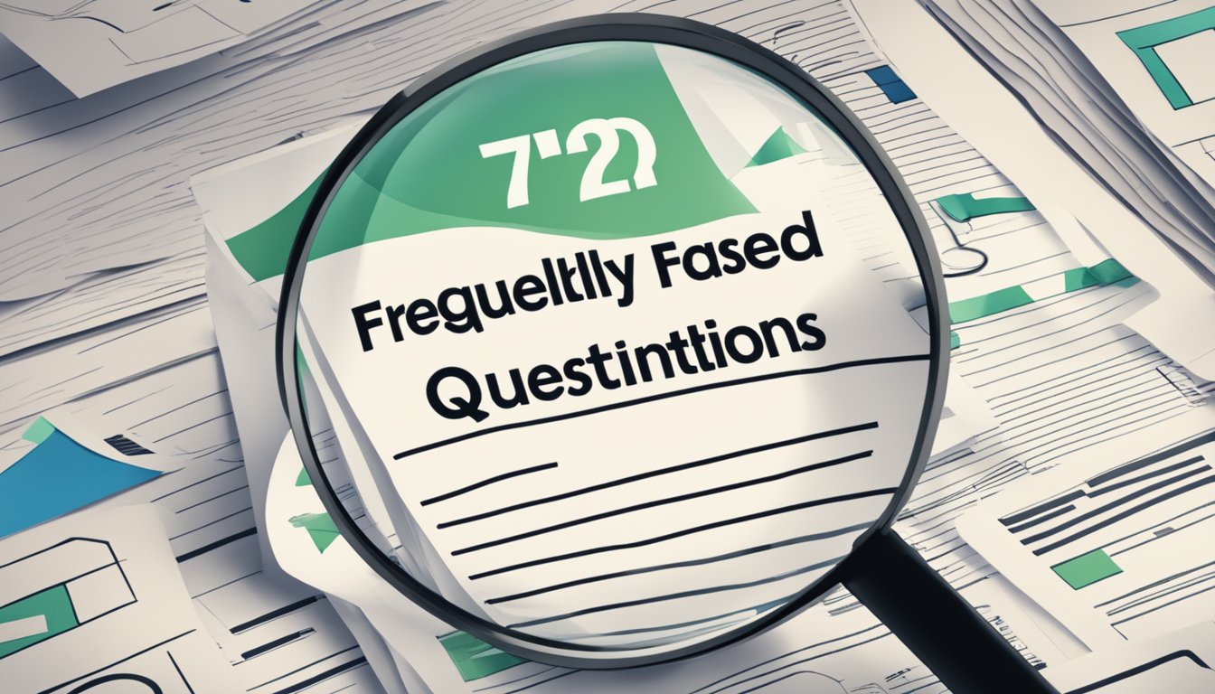 A stack of papers with "Frequently Asked Questions 732 Bedeutung" printed on top, surrounded by question marks and a magnifying glass