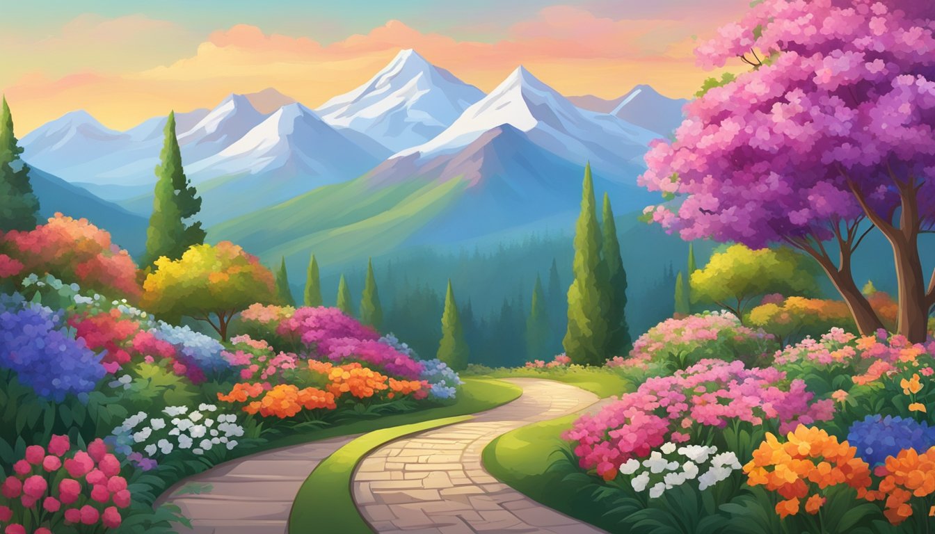 A vibrant garden with blooming flowers and a winding path leading to a distant mountain peak