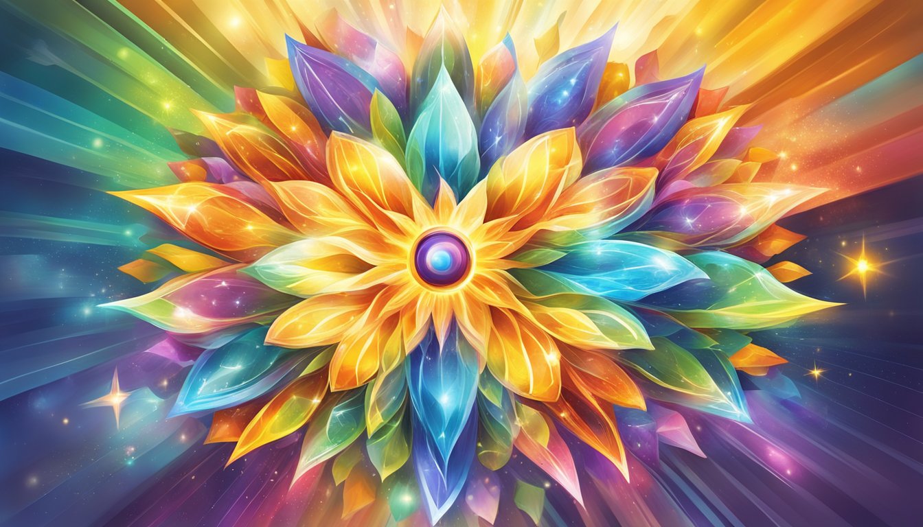 A vibrant sunburst of colorful energy radiates from a central point, surrounded by symbols of growth, light, and joy