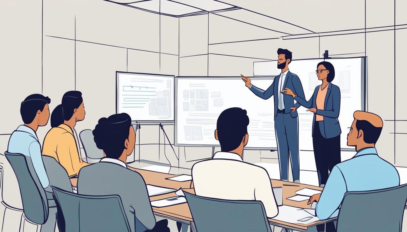 Employer addressing group, pointing to important information on a whiteboard.</p><p>Employees listening attentively