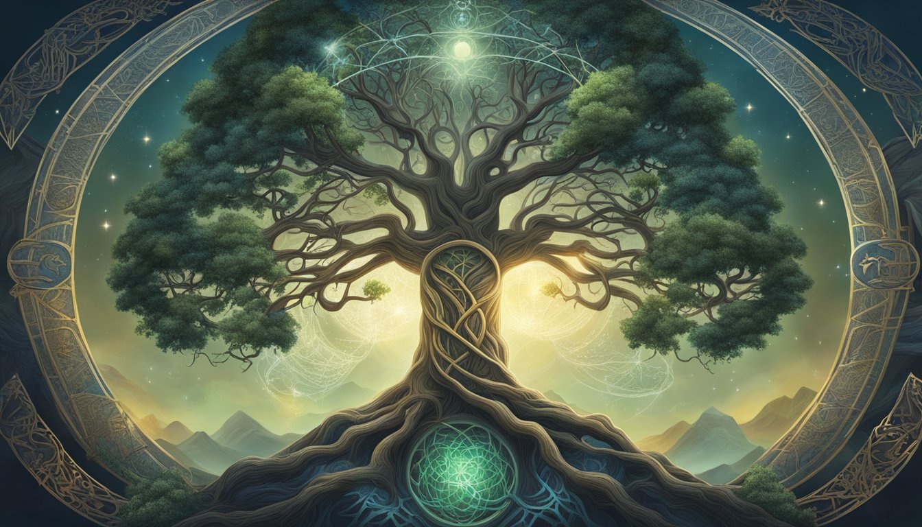 A mystical tree with intertwined roots and branches, surrounded by ancient symbols and signs, emanating a sense of deep meaning and symbolism