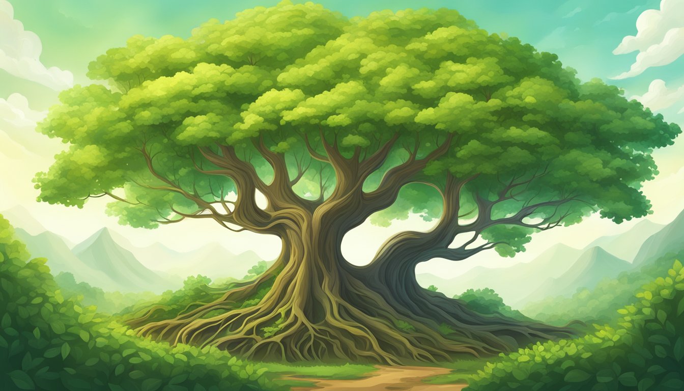 A vibrant tree grows tall, symbolizing personal growth and success.</p><p>Its branches reach upward, full of lush green leaves, while its roots dig deep into the ground, representing the importance of staying grounded