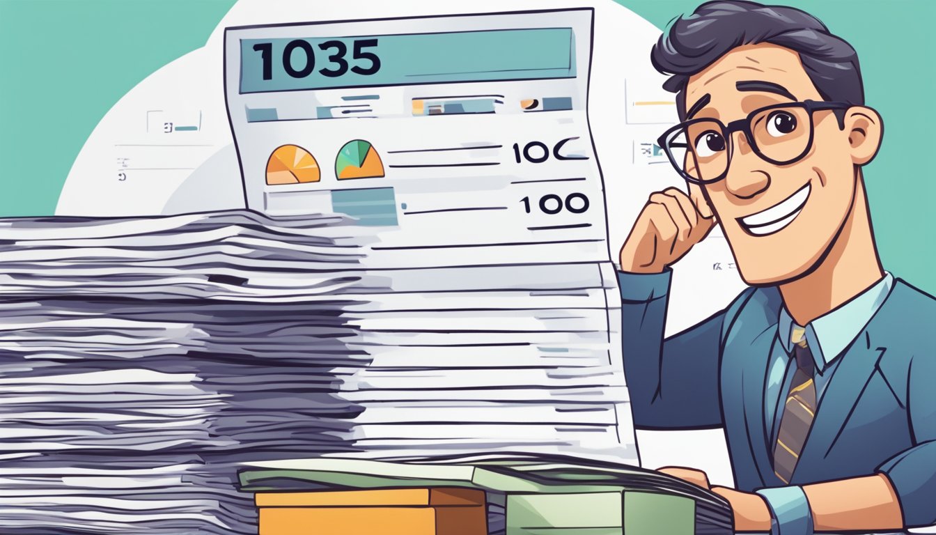 A stack of tax documents with "1035" highlighted, a calculator, and a puzzled expression on a person's face