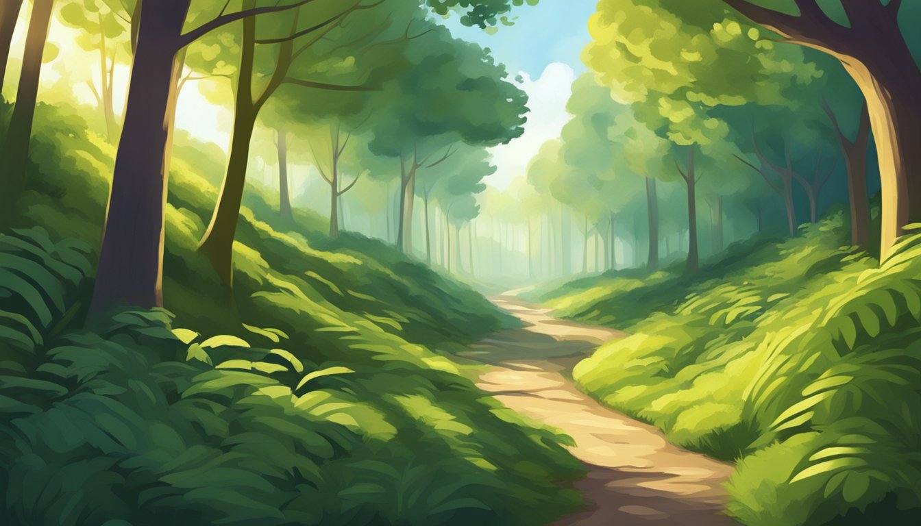 A winding path through a lush forest, with sunlight filtering through the canopy and casting dappled shadows on the ground