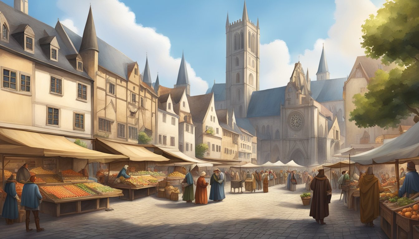 A medieval town square with a grand cathedral, bustling market stalls, and people in traditional attire