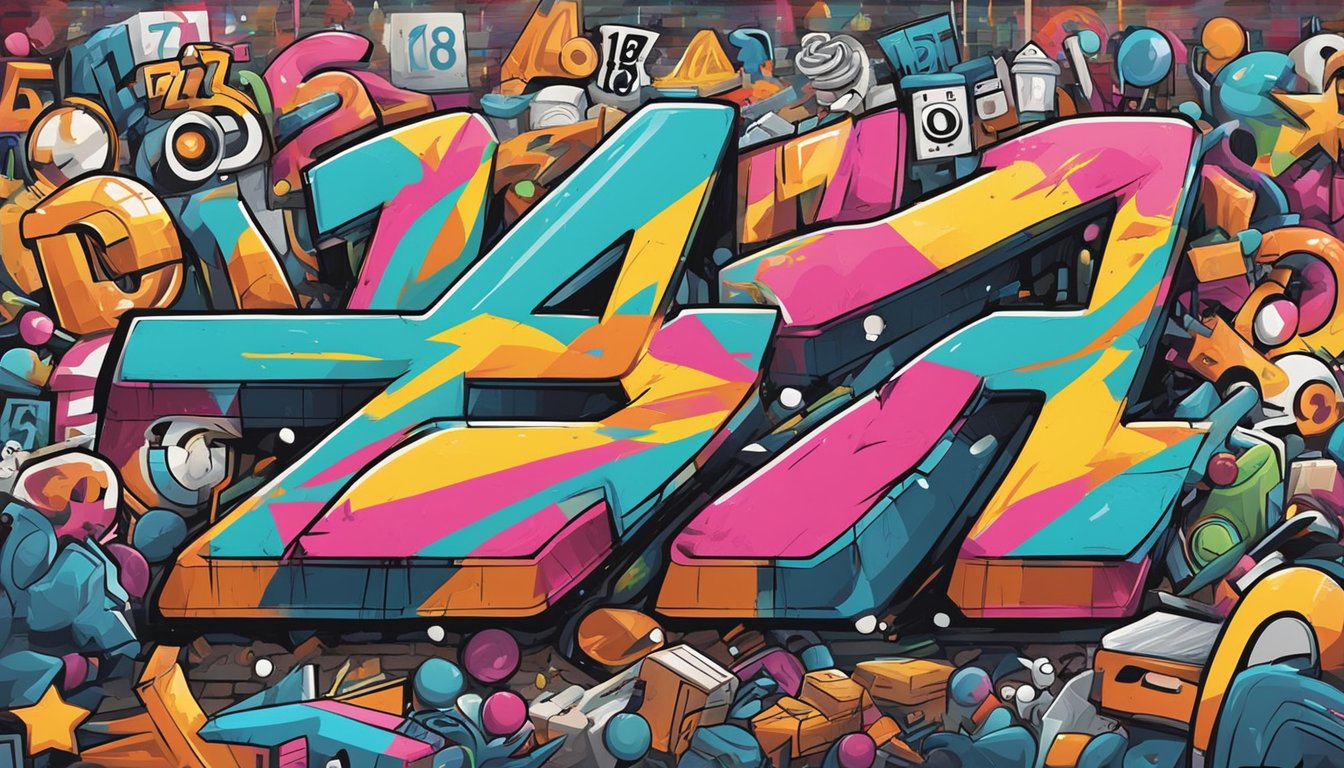 A graffiti-covered wall with "187" in bold letters, surrounded by iconic pop culture symbols
