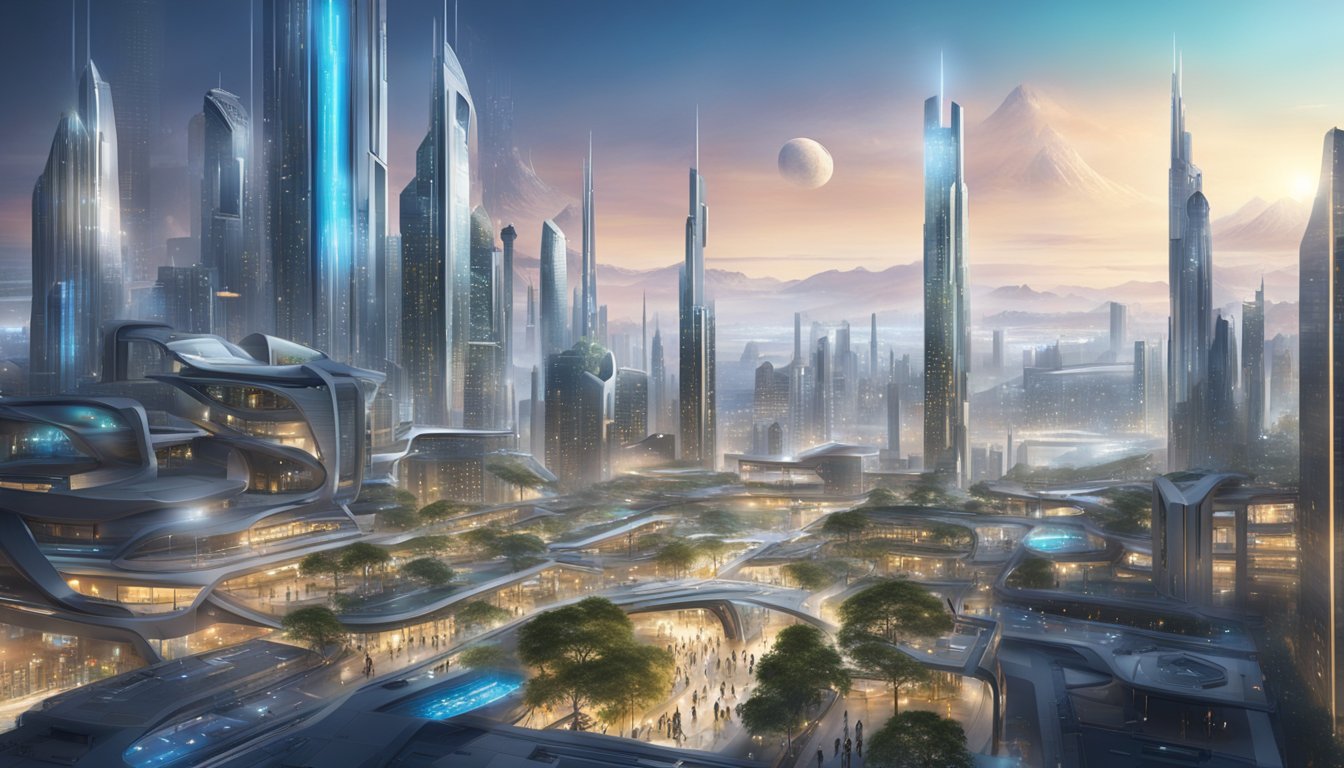 A futuristic cityscape with advanced technology and bustling activity, representing the scientific and societal advancements of 2022