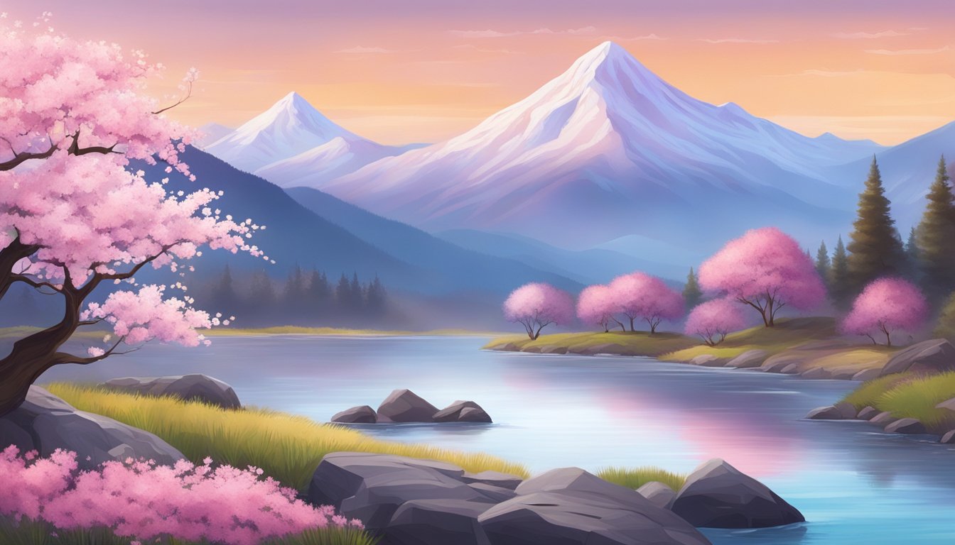 A serene landscape with a blooming cherry blossom tree, a flowing river, and a distant mountain peak.</p><p>The scene exudes tranquility and spiritual significance