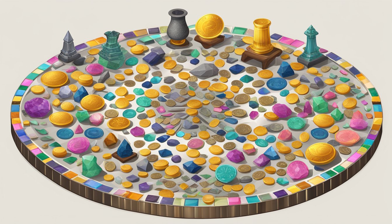 A table with 250 scattered objects, including coins, cards, and crystals, arranged in a symmetrical pattern