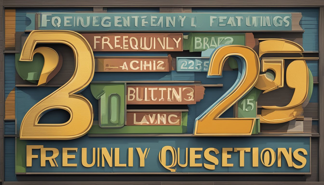 A large sign with "Frequently Asked Questions 259 Bedeutung" displayed prominently in bold lettering