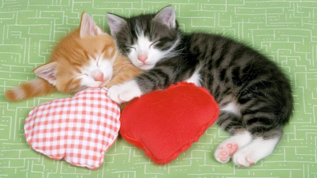 Two kittens sleeping with heart-shaped pillow.