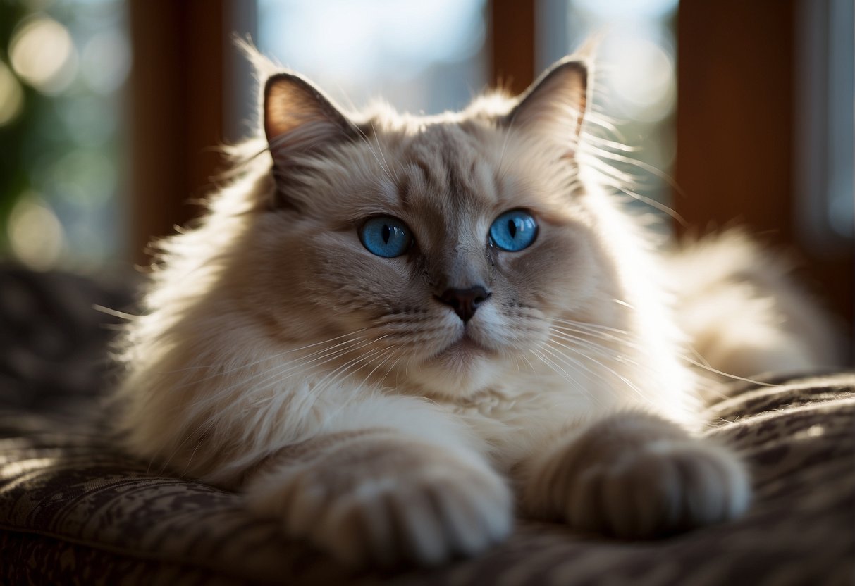 A Ragdoll cat lounges on a plush cushion, its blue eyes gazing serenely.</p><p>Sunlight filters through a window, casting a warm glow on its fluffy fur